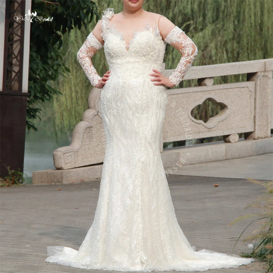 Vestido de noiva de sereia de luxo com mangas compridas com miçangas de tamanho grande elegante no noivo com babados de saia destacável