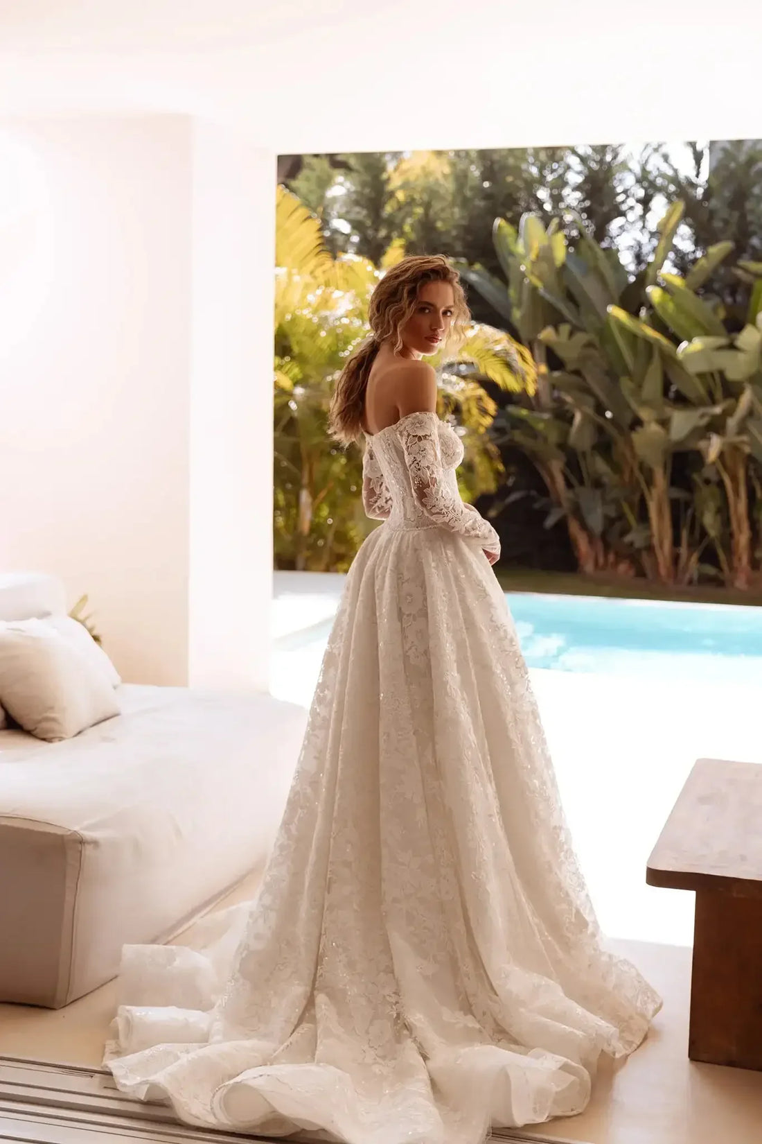 Customized White Lace Wedding Dresses Long Sleeve Pearls African A-line Bride Dress For Women Off Shoulder Vestidos De Novia