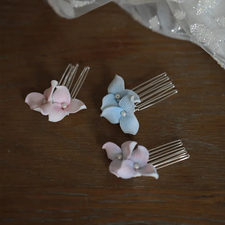 Bridal Jewelry Pink Blue Porcelain Flower Hair Pins Clips Pearl Hairpins For Brides Bridesmaids Headpieces Wedding Accessories