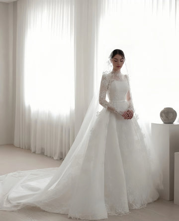Customzie high-neck long-sleeved A-LINE lace elegant wedding dress vestidos de novia amanda novias amanda novias official