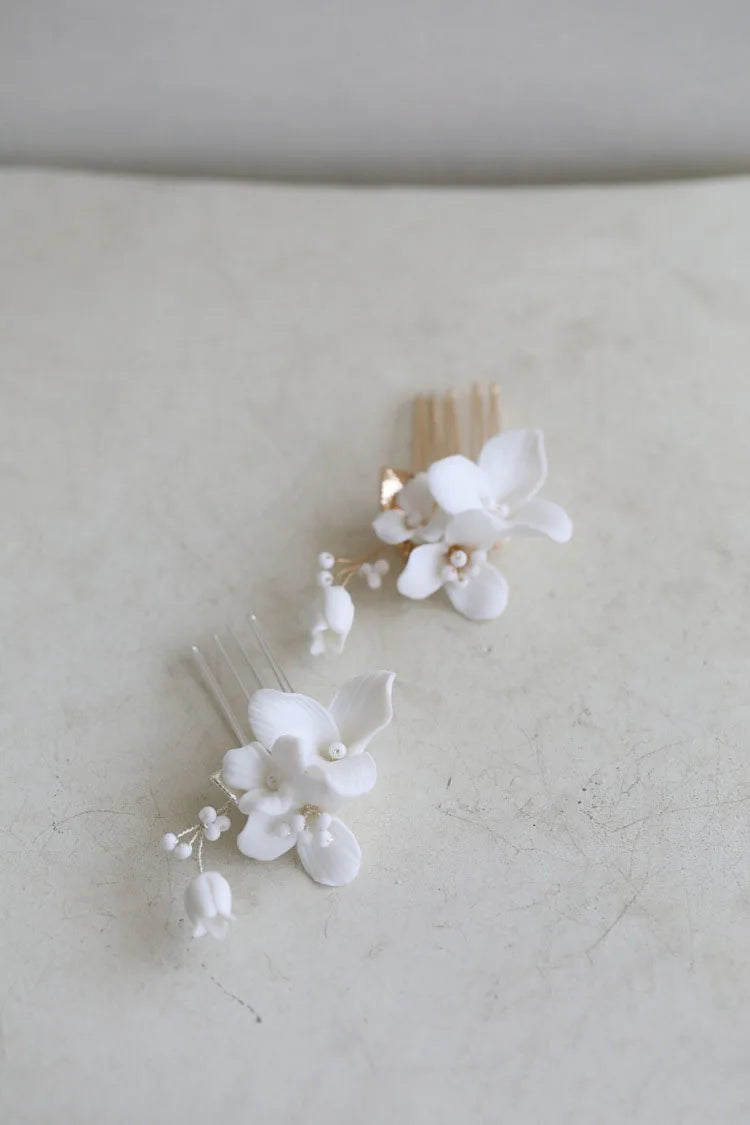 Porcelain Flower Hair Comb Pin Clip Gold Silver Color Head Piece Brides Bridesmaids Hairpin Wedding Accessories Bridal Jewelry