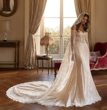 Classic Mermaid Wedding Dress 2026 Off the Shoulder Long Sleeves Full Lace Bride Bridal Gowns Sexy Boho Vestidos De Noiva