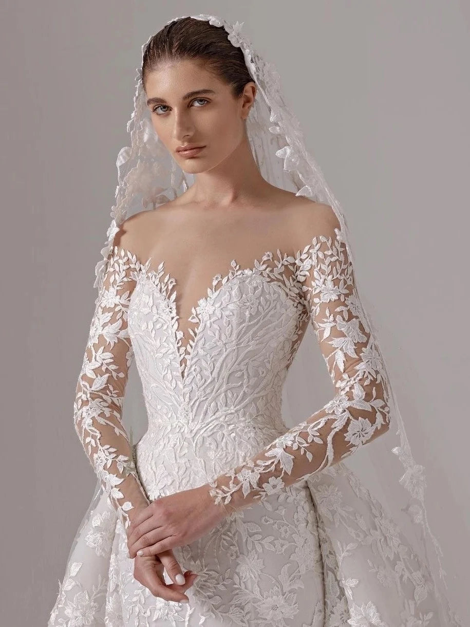 Customized 2 Pieces Mermaid Wedding Dresses Detachable Train Elegant Long Sleev White Bridal Dress Boho Robe De Mariee Sukienki