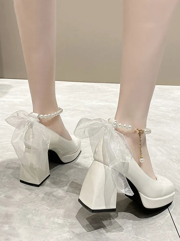 Bow square toe black women pumps thick heel elegant fashion pearl lace wedding shoes party – Pollyanna Events
