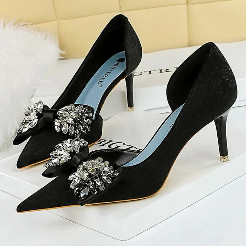 Rhinestone bow women pumps luxury banquet stilettos sexy high heels party shoes large size 41 42 43 – Pollyanna Events