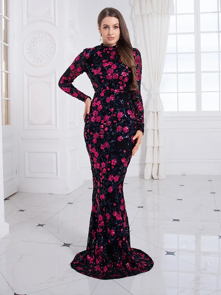 Floral Stretch Sequin Long Sleeve Evening Night Party Dress Floor Length O Neck Bodycon Fitting Club Dress