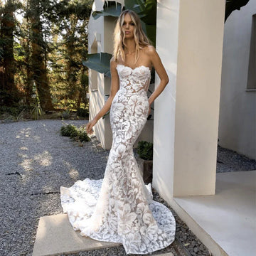 High QuanlitySweetheart Full Lace Applique Born Bodce Mermaid Wedding Dresses Backless Sweep Train Custom Made Bridal Grown Rode
