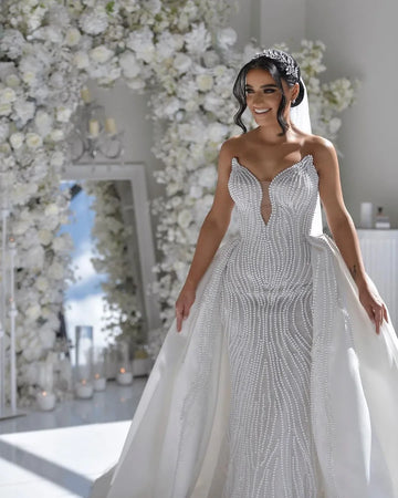 Customized Luxury Pearls Mermaid Wedding Dresses Detachable Train Strapless Bridal Gowns V Neck Bride Dress Vestido De Novia