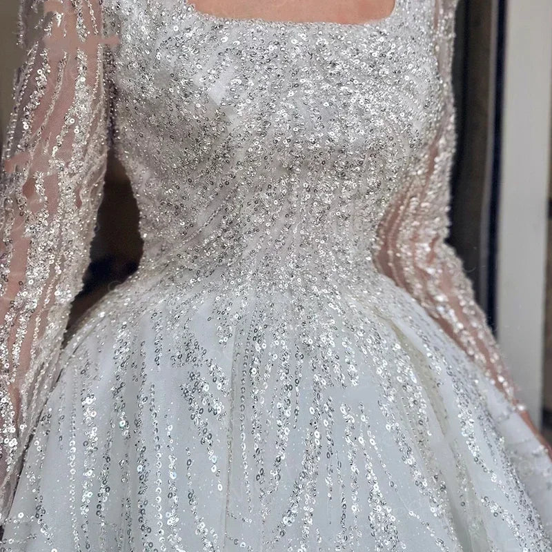 Customized Luxurious Wedding Dress Beading Princess Ball Gown Full Sleeve Square Collar Vestido De Novia amanda novias official