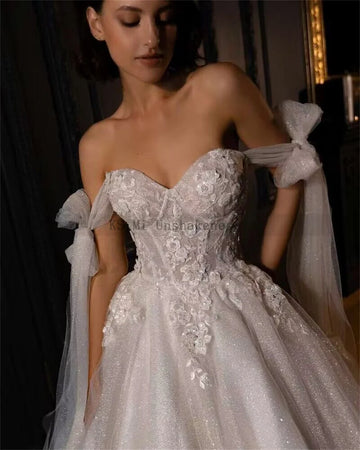 Shiny Glitter Tulle Wedding Dresses Vintage Boho Bride Dress Lace Beads off Shoulder Princess Wedding Gowns 2024 Casamento