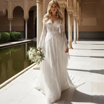 Elegant Lace Wedding Dress with long Sleeves V-Neck a Line Illusion Top Lace Bridal Party Gown for Women Beach Vestidos Novia