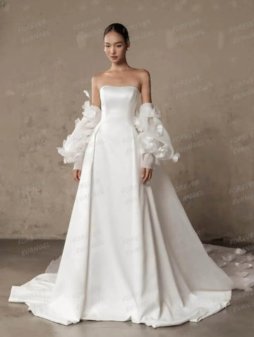 Luxury Wedding Dresses Woman A Line Sleeveless Elegant Satin Backless Bride Gowns Customized Sweep Train Vestidos De Novia Party