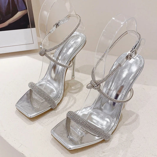 Liyke Fashion Golden Silver Rhinestone Women's Sandals Summer Party Wedding Shoes Open Toe Buckle Strap Transparent High Heels