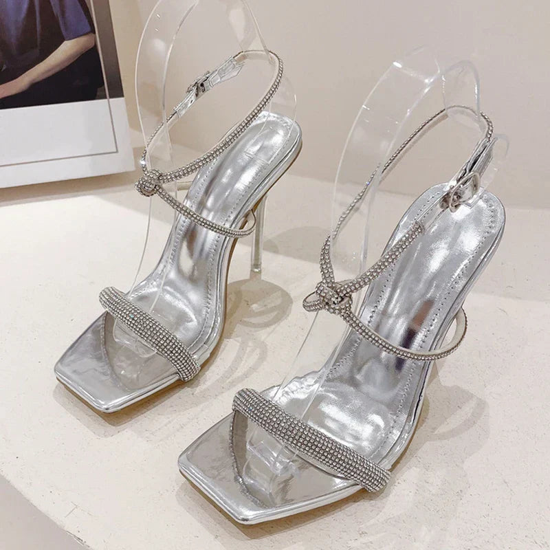 Fashion golden silver rhinestone women sandals summer party wedding shoes open toe buckle strap high heels – Pollyanna Events