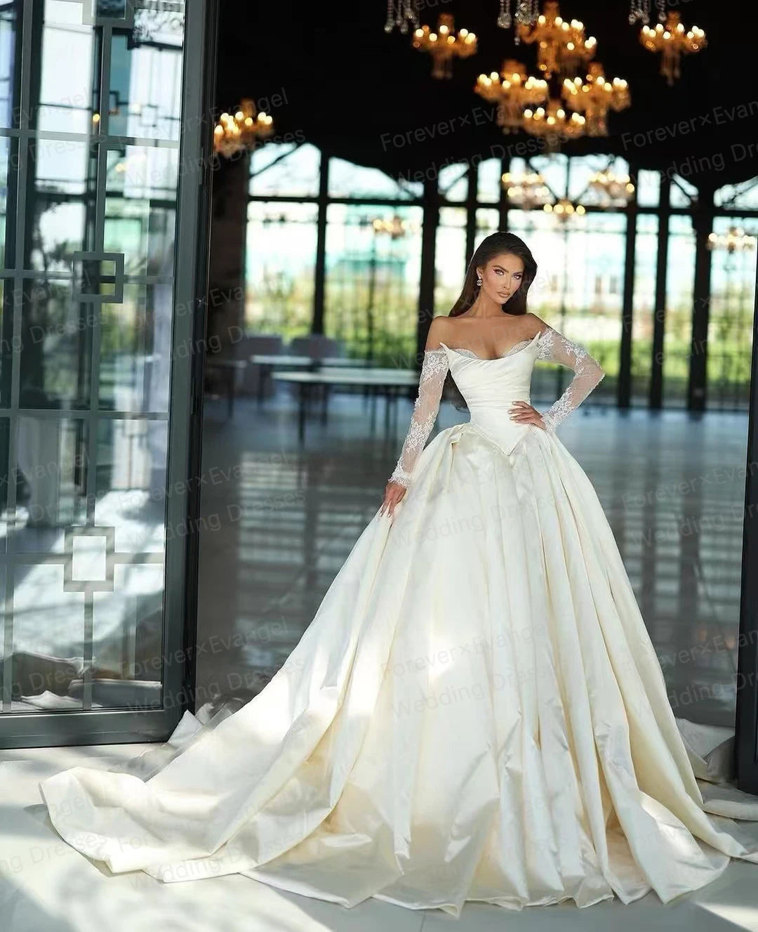 Exquisite Wedding Dresses A Line For Woman Sexy Pleat Satin Appliques Long Sleeve Off Shoulder Bride Gowns Vestidos Customized