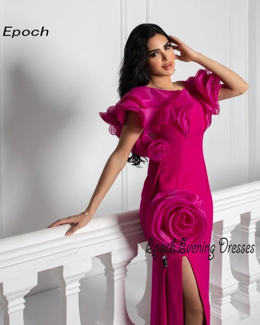 Epoch Evening Dress 2024 New Arabia Straight Elegant O-Neck Luxury 3D Flowers High Split Ankle-Length Women Sexy Prom Gown