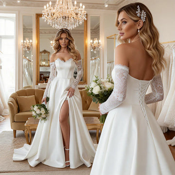 Elegant Satin V Neck Wedding Dress With Slit Long Sleeve Lace Ball Gown For Women Backless Bridal Party Gown Vestidos Novia