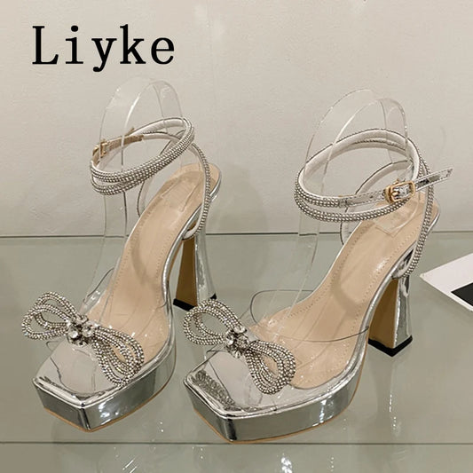 Liyke Super High Sexy Sandals Ladies 2024 Summer Open Toe Crystal Bowknot Platform Heels Party Wedding Shoes Women Black White
