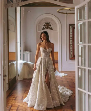 Customized 2025 Sexy High Split Wedding Dress Beaded Strapless Backless Pearls Bridal Gown Luxury A-line Vestidos De Novia