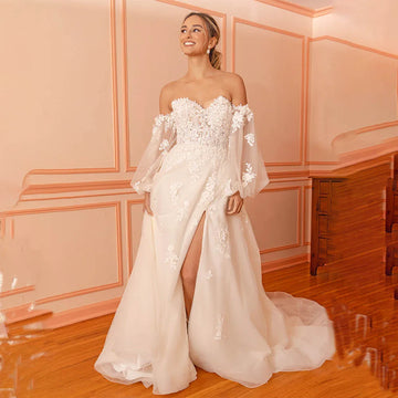 Elegant Long Puff Sleeves Sweethart Lace Applique A Line Bridal Grown Wedding Dresses Side Slit Custom Made 2024 Vestido De Noiv