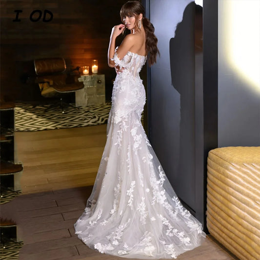 I OD Русерка Весільна сукня кохана аплікації з плечової блискавки задня підлога довжина мережива весільна сукня Vestidos de novia new