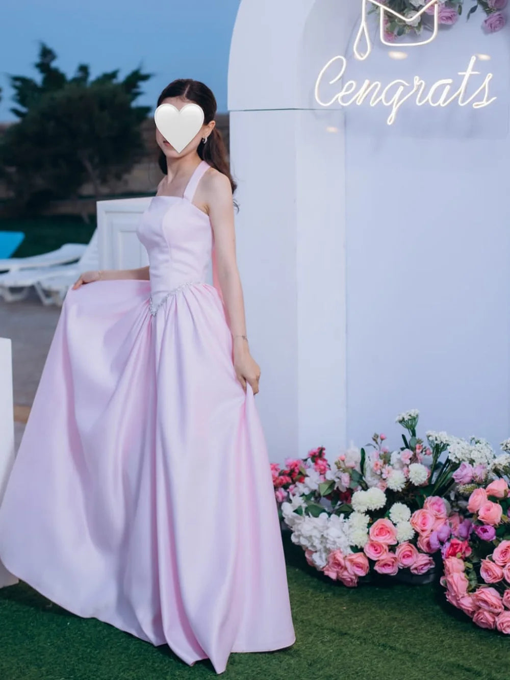 Pink Satin A-Line Evening Dresses Women's Halter Beaded Prom Gown Formal Guest Dress Birthday Party Dress Customized
