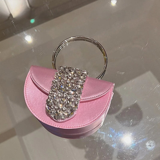 Women Glittering Crystal Satin Handbags Designer Luxury Diamond Pink Evening Diamonds Ring Clutch Purses Wedding Party Trendy