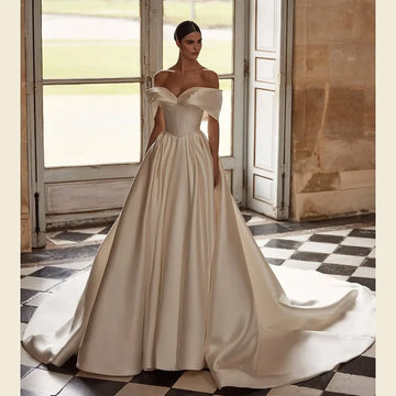 Customized 2025 Off Shoulder Satin Wedding Dress Vintage Bride Dress Folded Elegant Women Bridal Gown Vestido De Novia