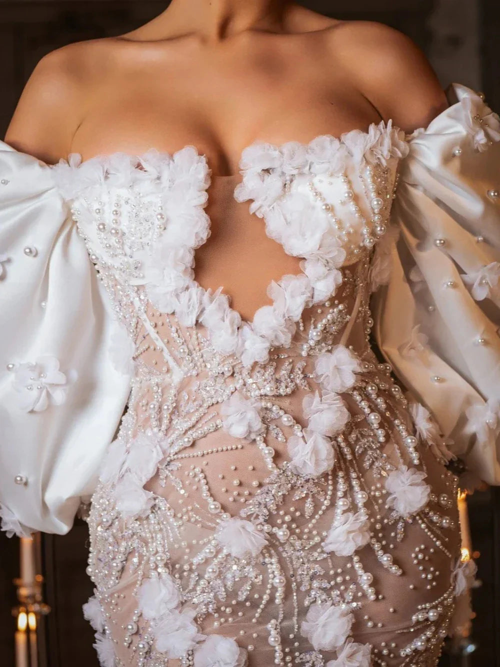 Off the Shoulder Mermaid Weeding Dress Illusion Pearls Sequins Bride Robe Luxury 3D Flowers Bridal Dresses Vestidos De Novia