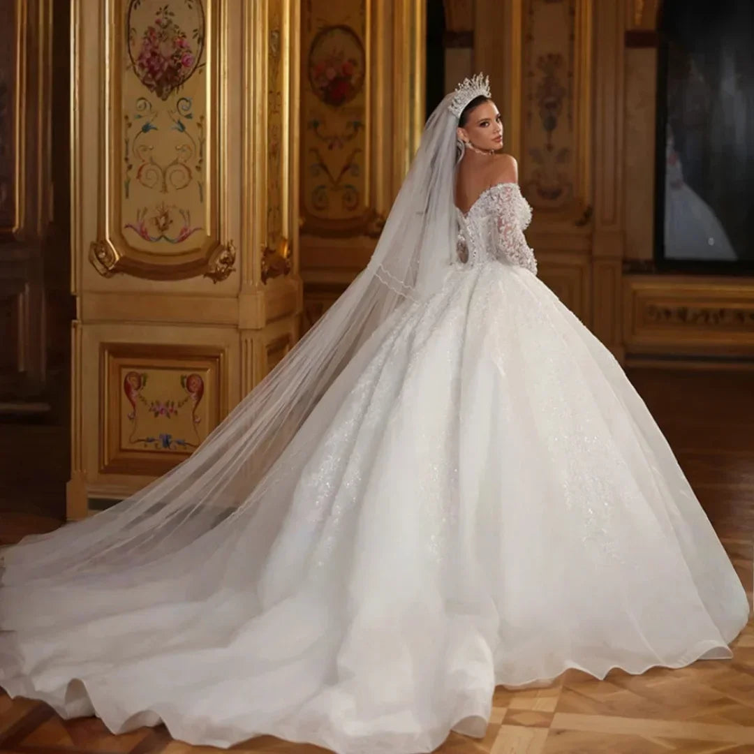Customized Elegant Princess Wedding Dresses Sweetheart Off The Shoulder Pearl Lace Applique Bridal Gown Train Vestidos De Novia