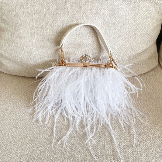 Luxury Ostrich Feather Evening Clutch Bag Mujeres Banquete de boda Bolso Femenino Cadena de fiestas Elegante Bolsa de hombro