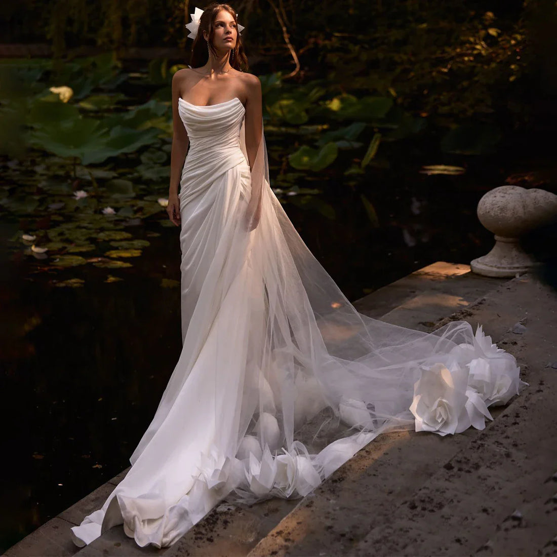 Beach Mermaid Satin Wedding Dress For Women Vestidos Novia Long Pleated Sheath Bridal Party Gown With Train