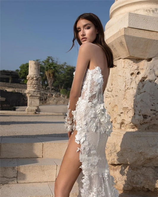 Moderne kanten trouwjurk zijde split sexy backless bruidsjurken lieverd vloer lengte applique zeemeermin bruid jurken 2024 gewaad