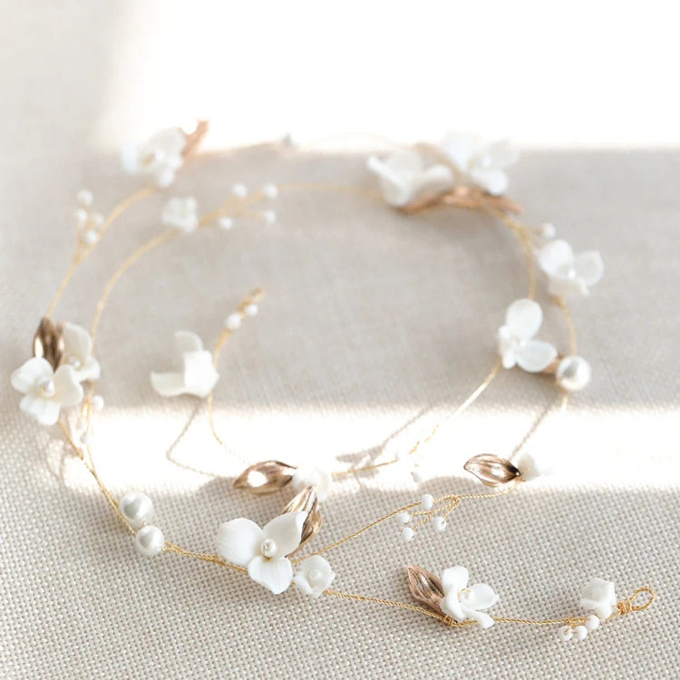 Wedding Hair Accessories Porcelain Flower Headband Hairband Vintage Gold Color Headpiece Brides Pearl Headwear Bridal Jewelry