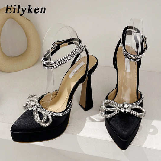 Eilyken-merk Chunky Platform puntige teen dames pumps mode vlinder-knoop kristal runway-stijl feest prom hakken schoenen met hoge hakken