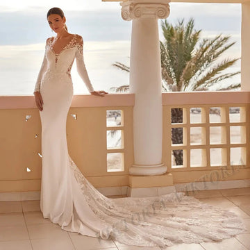 VIKTORIA Trendy Mermaid Wedding Dresses with Long Sleeves Lace Appliques V-neck Court Train Vestidos De Novia Custom Made