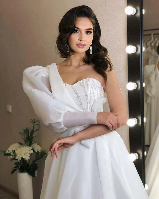 White One Shoulder Wedding Dress Sweetheart Sequined Beading Lace Up Bride Gown Elegant A-line Saudi Arabia Wedding Gowns