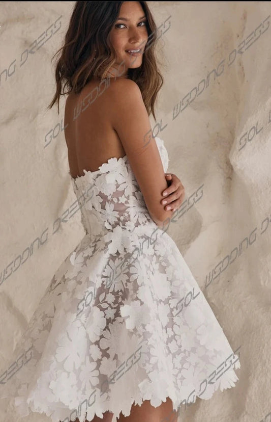 Sol 3D bloemen kanten appliques strapless trouwjurken elegante backless mini boven knie lengte bruidsjurken vestidos de novia