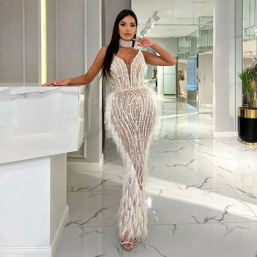 Luxury Feather White Nude Mermaid Evening Dress with Necklace Spaghetti Straps Women Wedding Party Prom Gowns SS185
