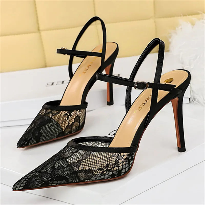 Nightclub women thin high heels hollow mesh lace one strap sandals sexy pumps shallow pointed – Pollyanna Events