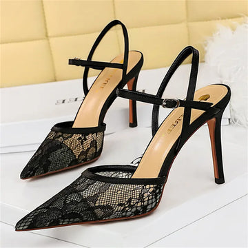 Sexy Nightclub Sandals Women Thin High Heels Shallow Pointed Head Hollowed Out Mesh Lace One Line Strap Pumps Shoes