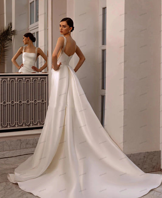 Abiti da sposa semplici abiti da sposa in raso sexy collare quadrate indugi senza schienale per la festa formale elegante vestidos de nolia