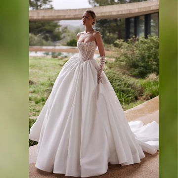 White Satin Strapless A-line Wedding Dress Backless Corset Bridal Gown Customizable Amanda Brides Vestido De Novia