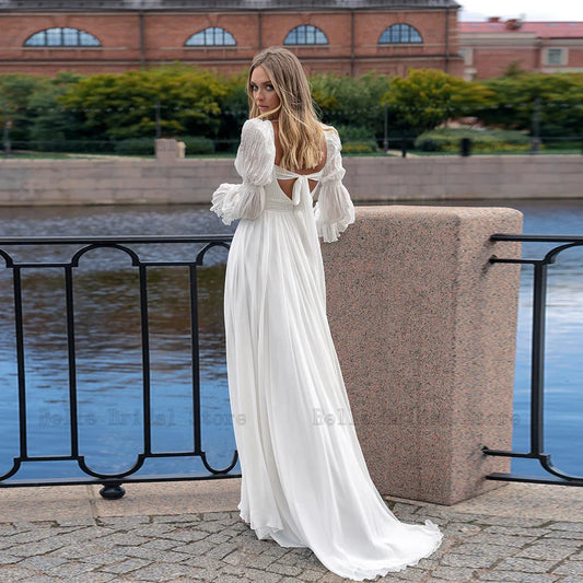 Elegant Chiffon Wedding Dresses Square Neck Long Puff Sleeves Bridal Gowns Pleat Backless Floor Length A-line Robe De Mariee