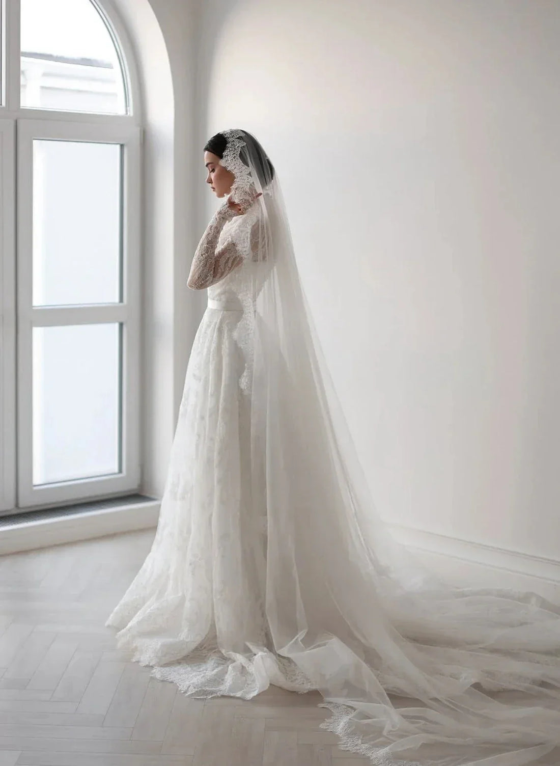 Luxury lace long sleeves round high neck sweep train A-line Muslim bridal gown wedding dress – Pollyanna Events