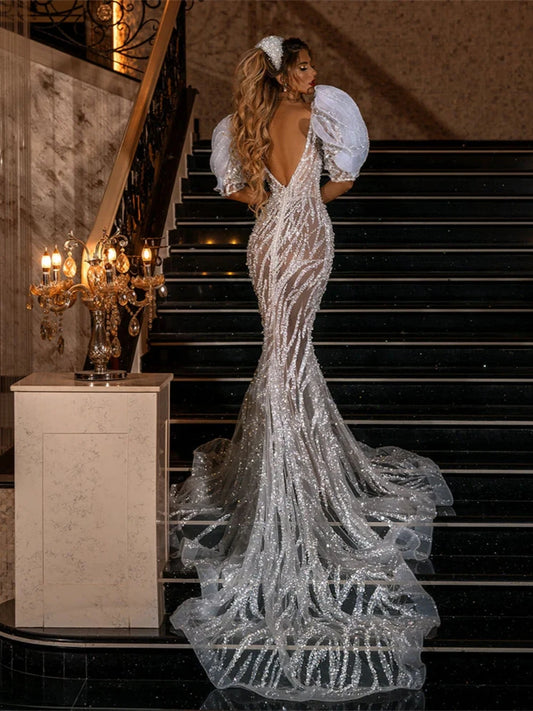 Elegant Mermaid Wedding Dresses Shiny Deep V-neck Backless Dress For Bride Beaded Floor-length Bridal Gown Vestido De Novia