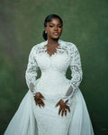 Plus size African mermaid bridal gown illusion long sleeves detachable train beaded crystals – Pollyanna Events