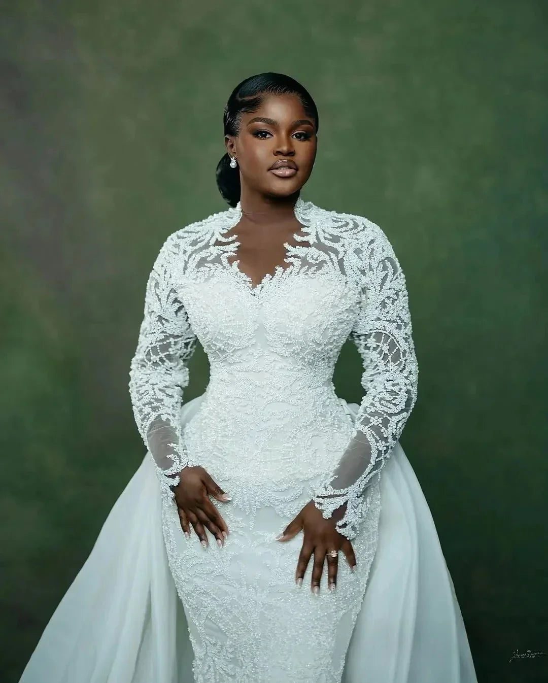Plus size African mermaid bridal gown illusion long sleeves detachable train beaded crystals – Pollyanna Events