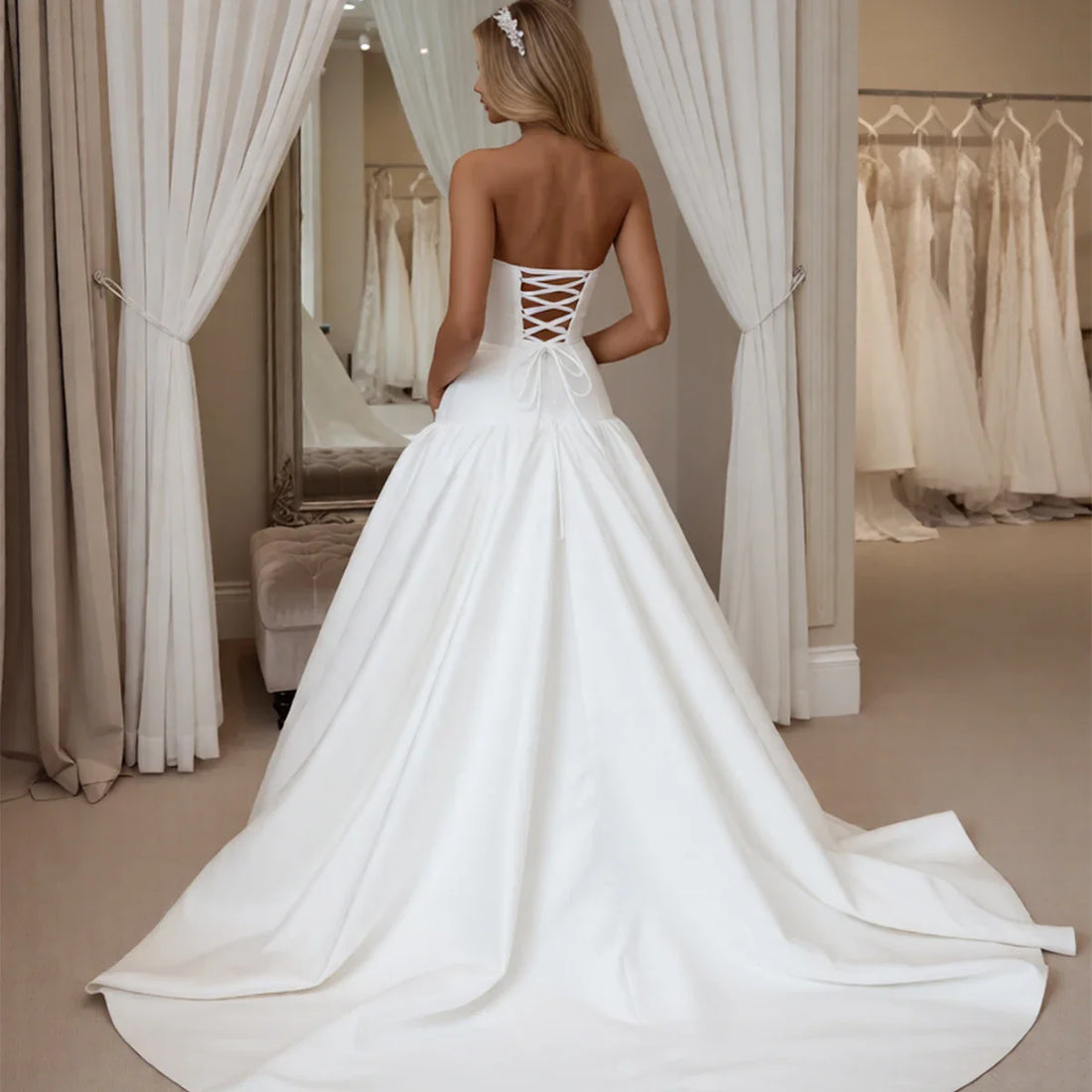 Elegant Puffy Satin Strapless Wedding Dress For Bride Long Backless Ball Gown A Line Bridal Party Gown With Train Vestidos Novia