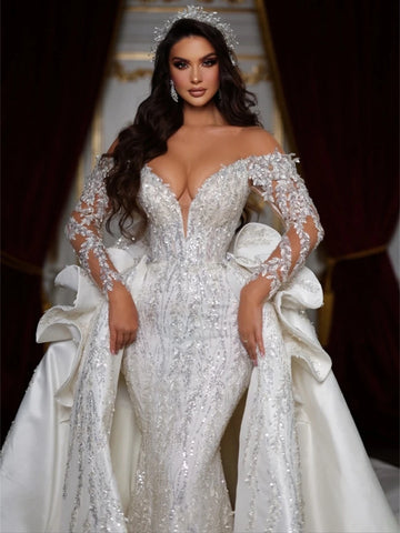Elegante V-hals trouwjurk luxe pailletten Beading Mermaid Bride Robe Glanzende vloerlengte bruidsjurken Vestidos de novia